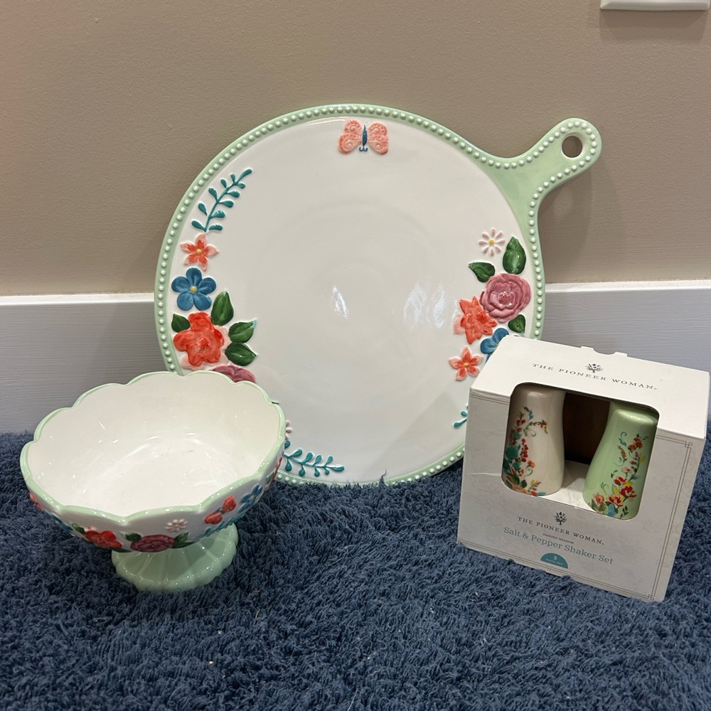 Pioneer Woman Painted Meadow charcuterie board, candy dish and salt/pepper set.